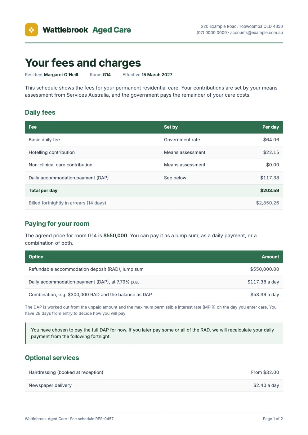 Sample aged care fee schedule