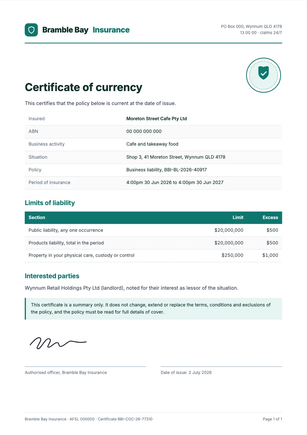 Sample certificate of currency